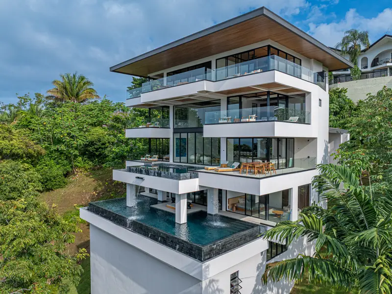 Aerial view of the five-level villa stepping down the hillside